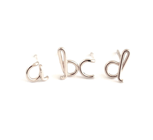 Initial Earrings. Small Sterling Silver Lowercase letter stud alphabet post earrings. Dainty Script Initial Stud Earrings. Girl Gift