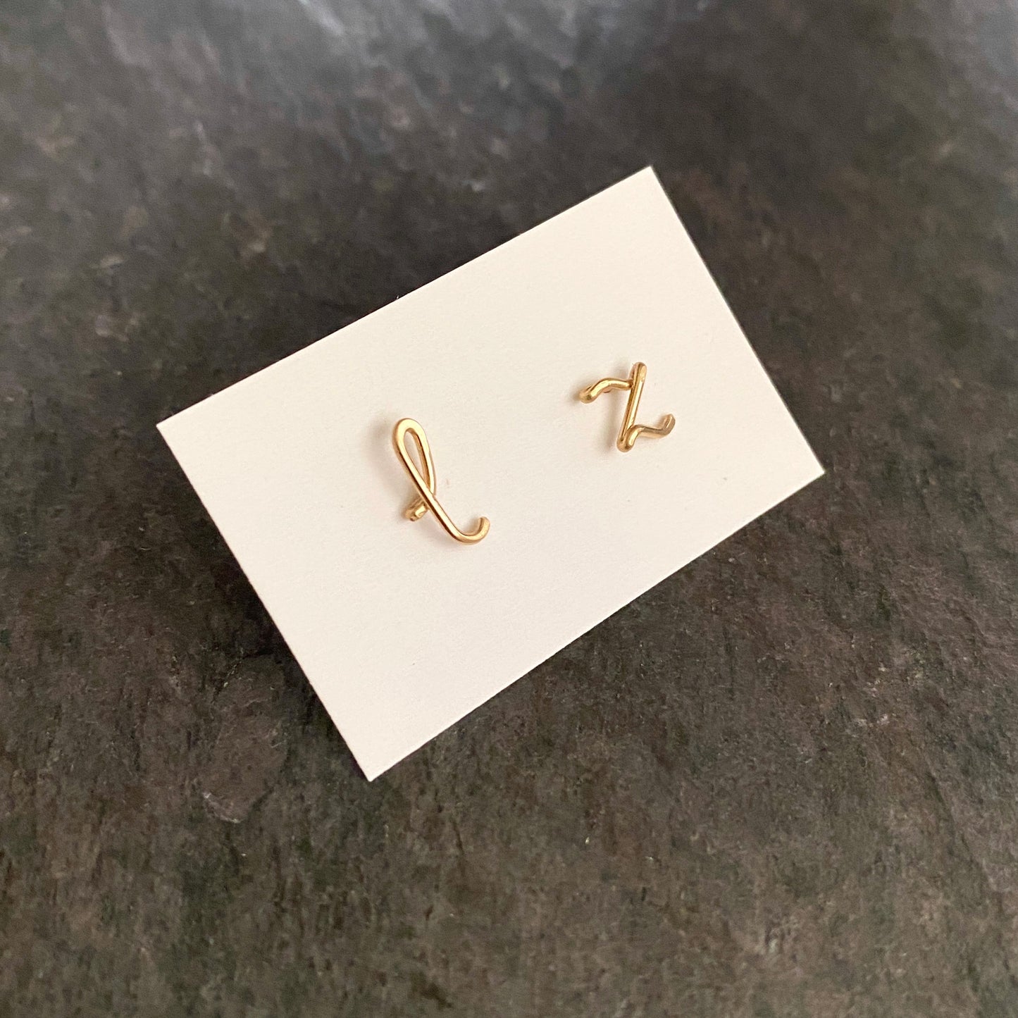 Gold Initial Earrings. 14k gold filled Small Dainty lowercase script earrings. Gold Letter Wire Studs.